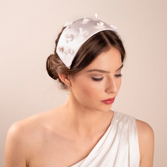 Silk Satin Flowers Wedding Half Hat, Vintage inspired Silk and Crystals Cap Headpiece in white
