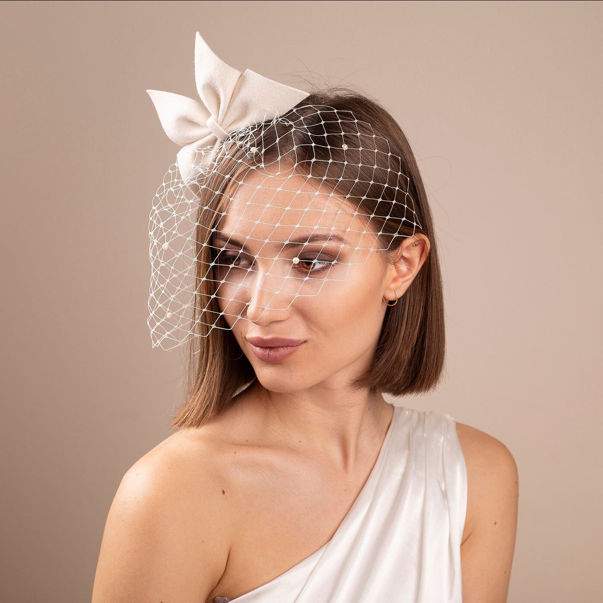 Oversized Bow Birdcage Veil: Pearl Scattered Civil Wedding Headpiece