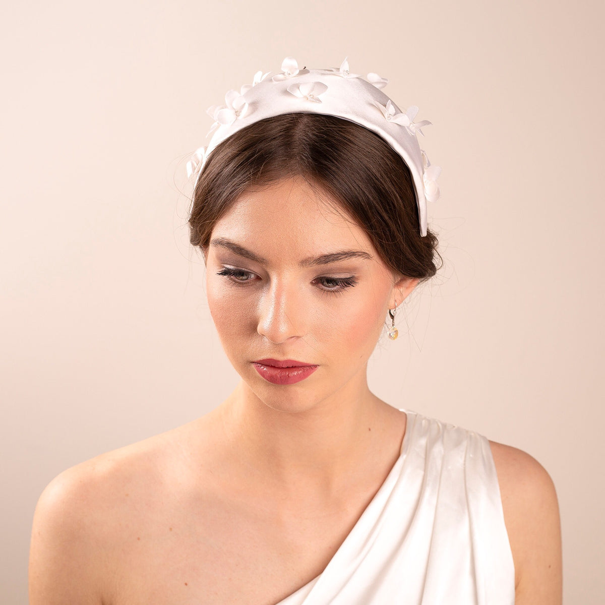 Silk Satin Flowers Wedding Half Hat, Vintage inspired Silk and Crystals Cap Headpiece in white
