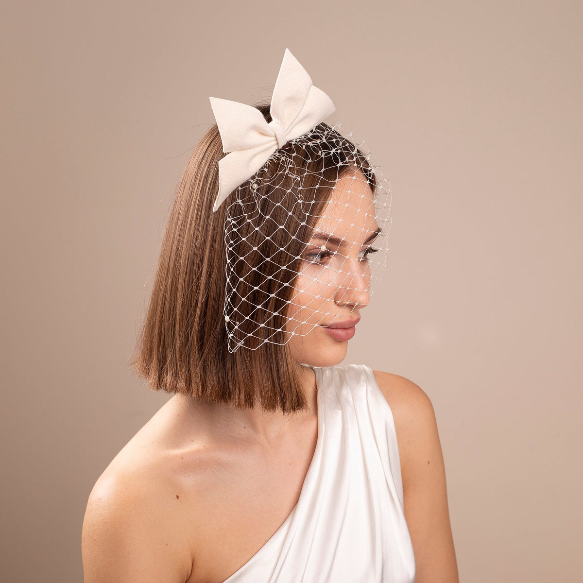 Oversized Bow Birdcage Veil: Pearl Scattered Civil Wedding Headpiece