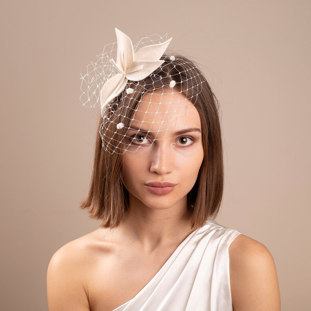 City Hall Bridal Headband Veil, Ivory Birdcage Veil with Hand-Shaped Felt Flower, Civil Ceremony Wedding Headpiece, Minimalist