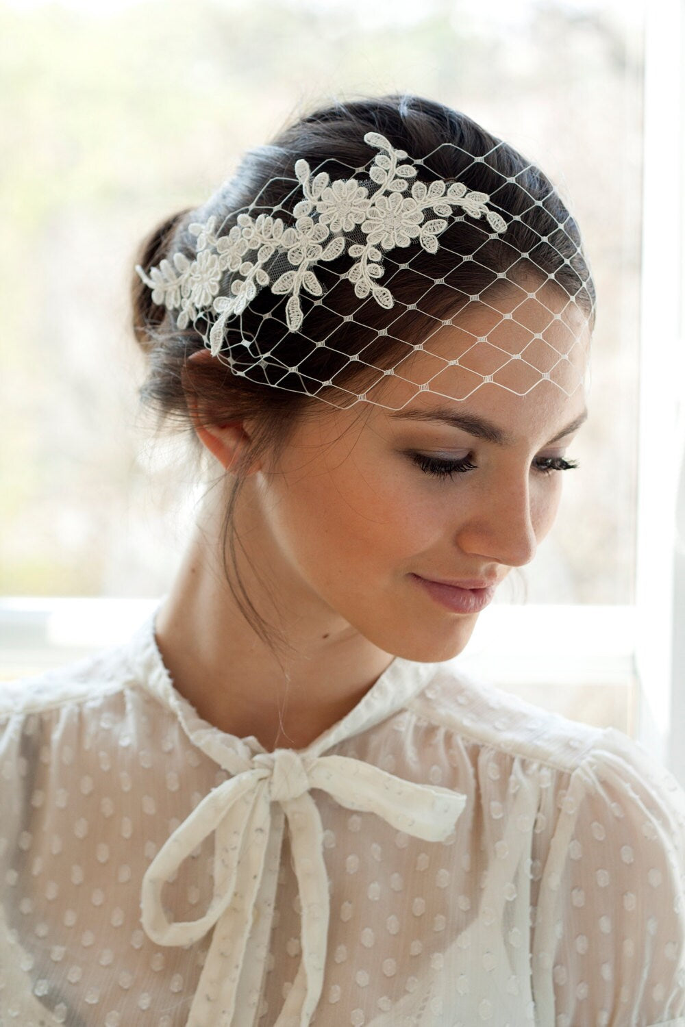 Bridal petite bandeau veil with floral lace, short wedding veil