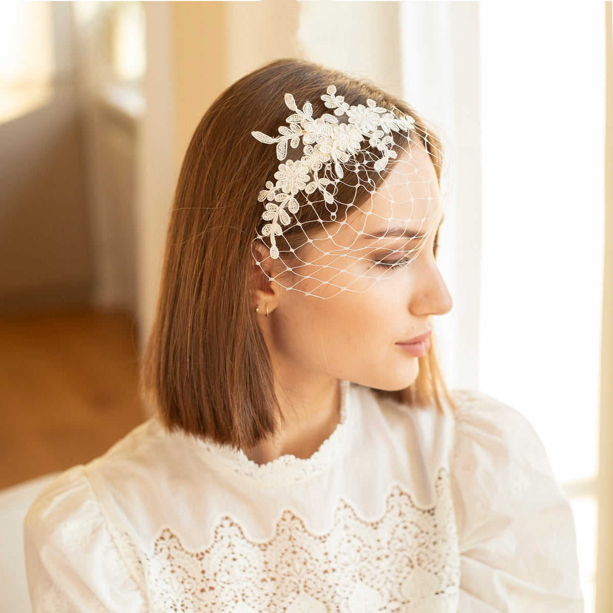 Ivory Floral Lace Birdcage Veil: Short Bridal Headpiece
