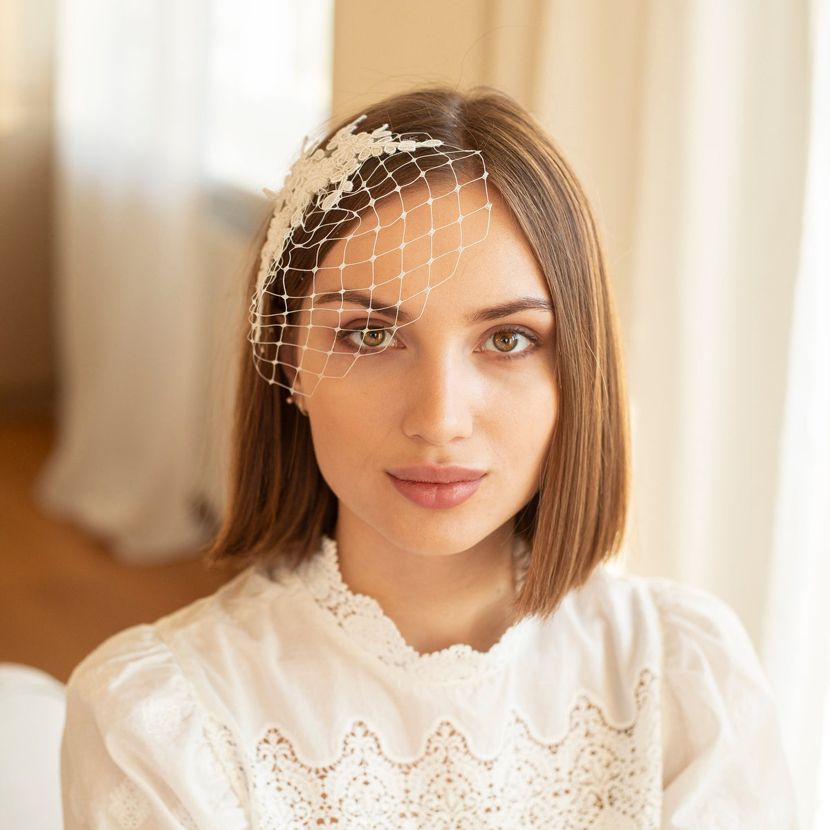 Ivory Floral Lace Birdcage Veil: Short Bridal Headpiece