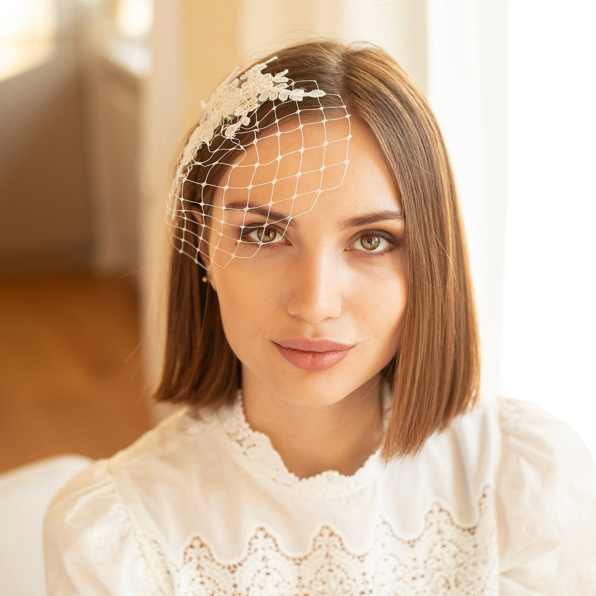 Ivory Floral Lace Birdcage Veil: Short Bridal Headpiece