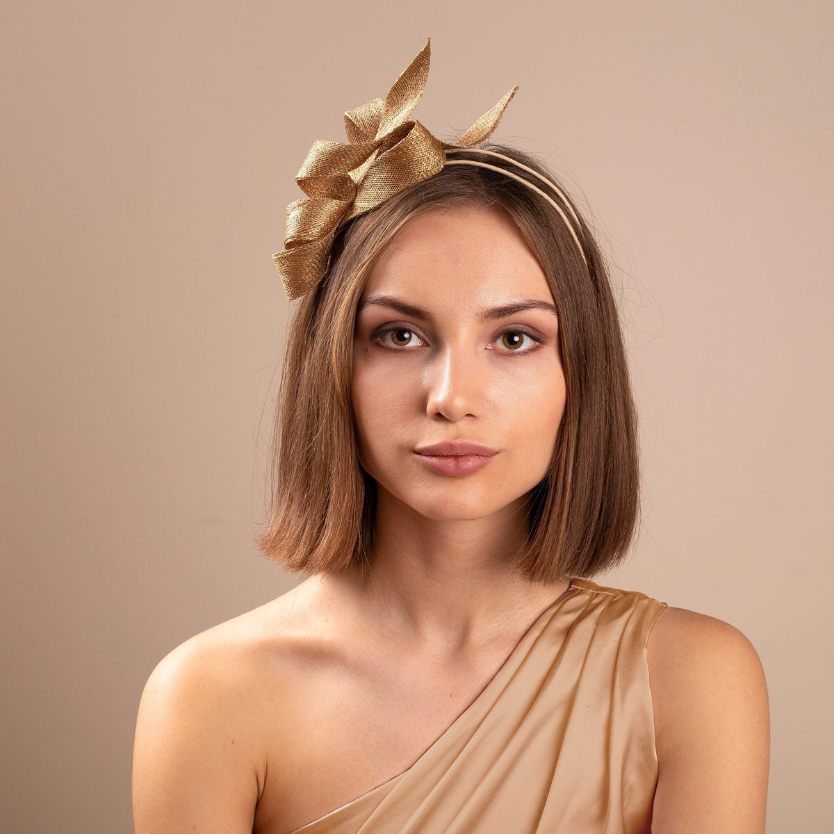 Modern Gold Wedding Fascinator, Sculptural Couture Headpiece, Mother of the Bride Millinery, Elegant Occasion Hat