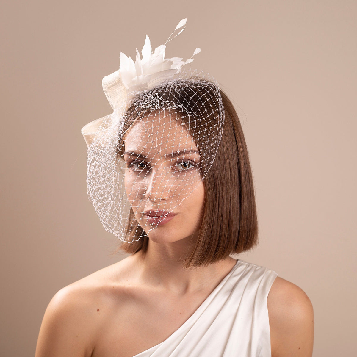 White Feather Bridal Fascinator: Modern Birdcage Wedding Headpiece