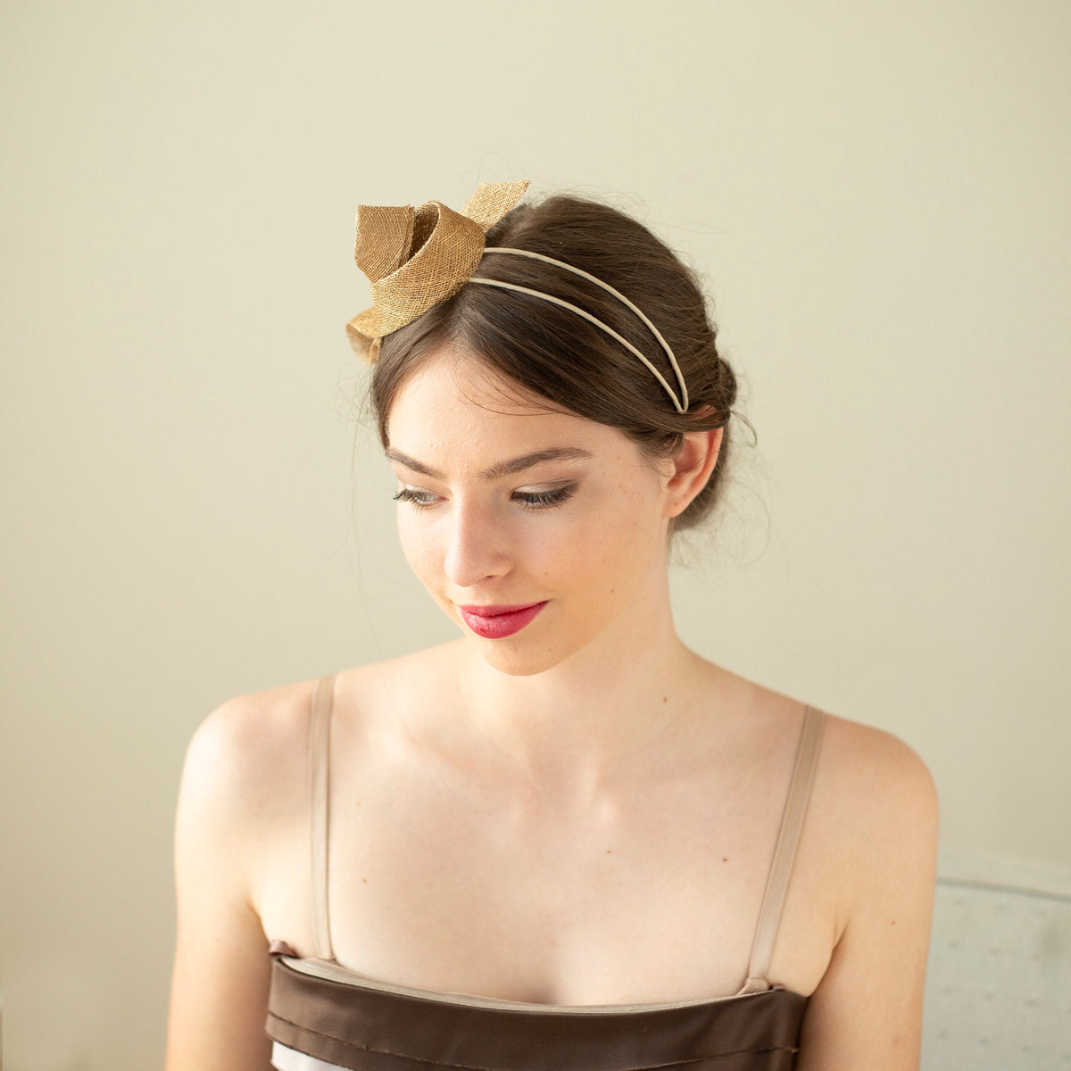 Golden Fascinator for Special Occasions – Modern Hat Design for Women, Minimalist Style on Double Headband