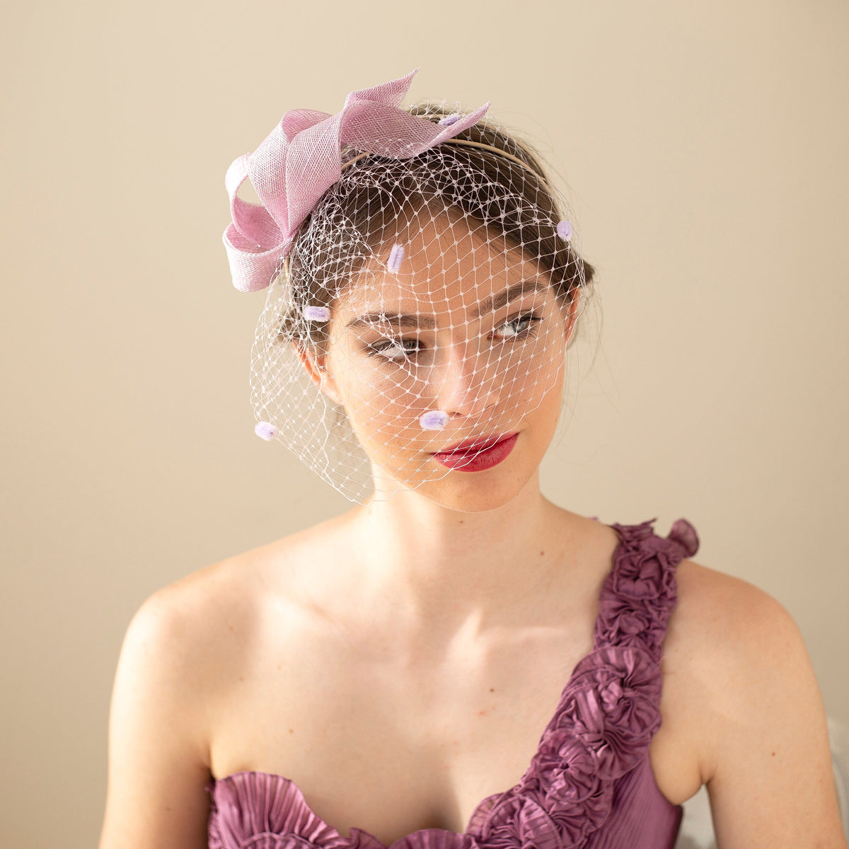Lilac Swirls Fascinator: Wedding Guest Sculptural Headpiece with Netting Veil
