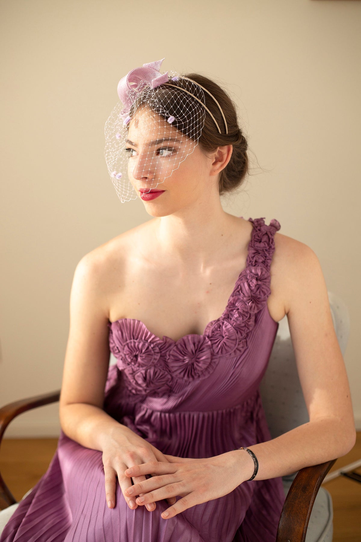Lilac Wedding Fascinator: Evening Headpiece with Netting Veil for Formal Occasions