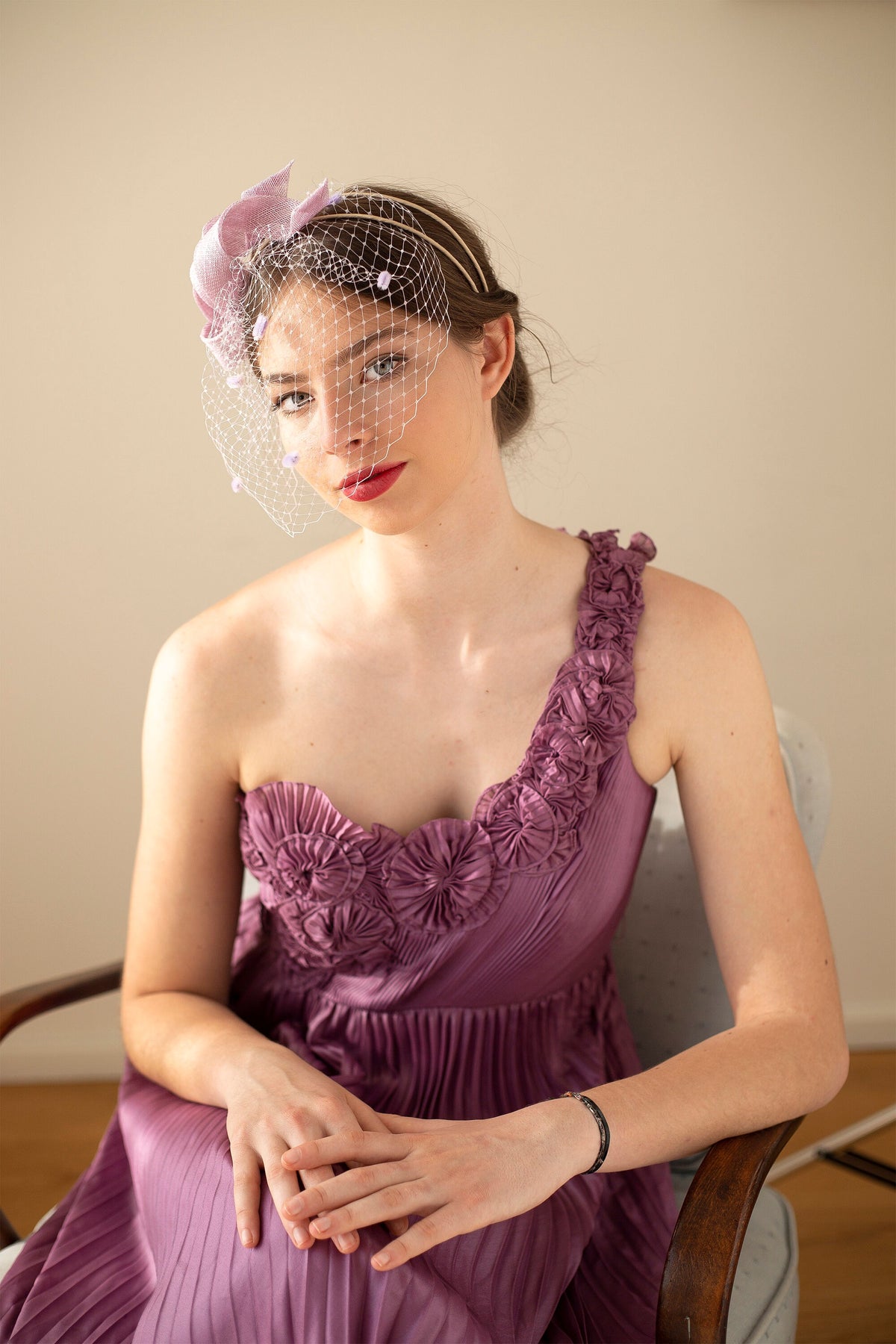 Lilac Wedding Fascinator: Evening Headpiece with Netting Veil for Formal Occasions