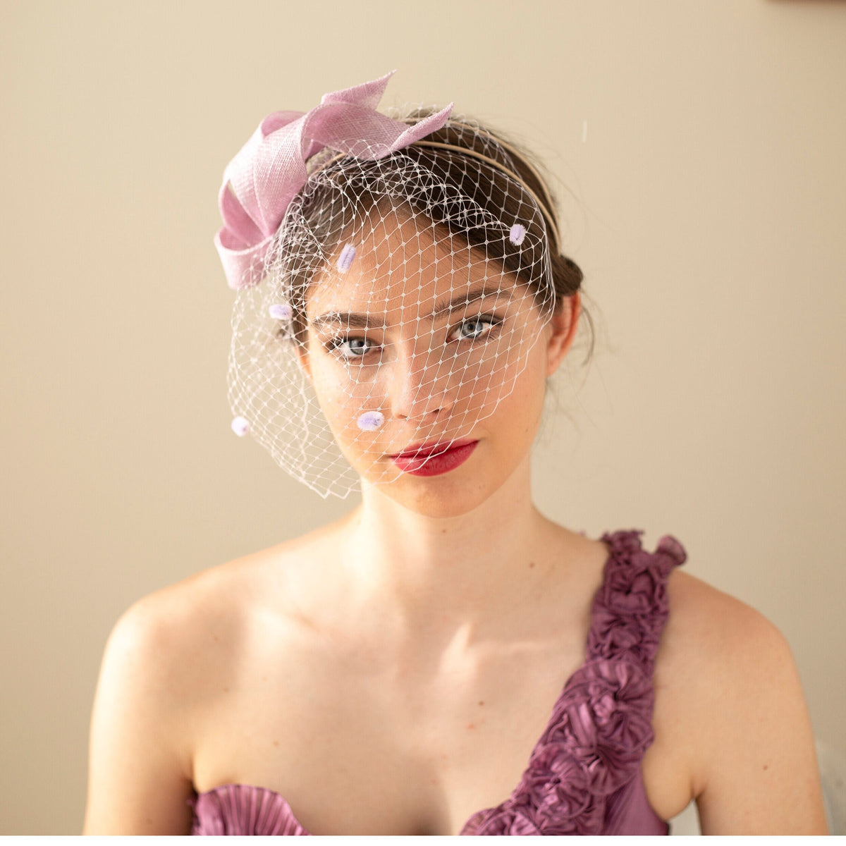 Lilac Swirls Fascinator: Wedding Guest Sculptural Headpiece with Netting Veil