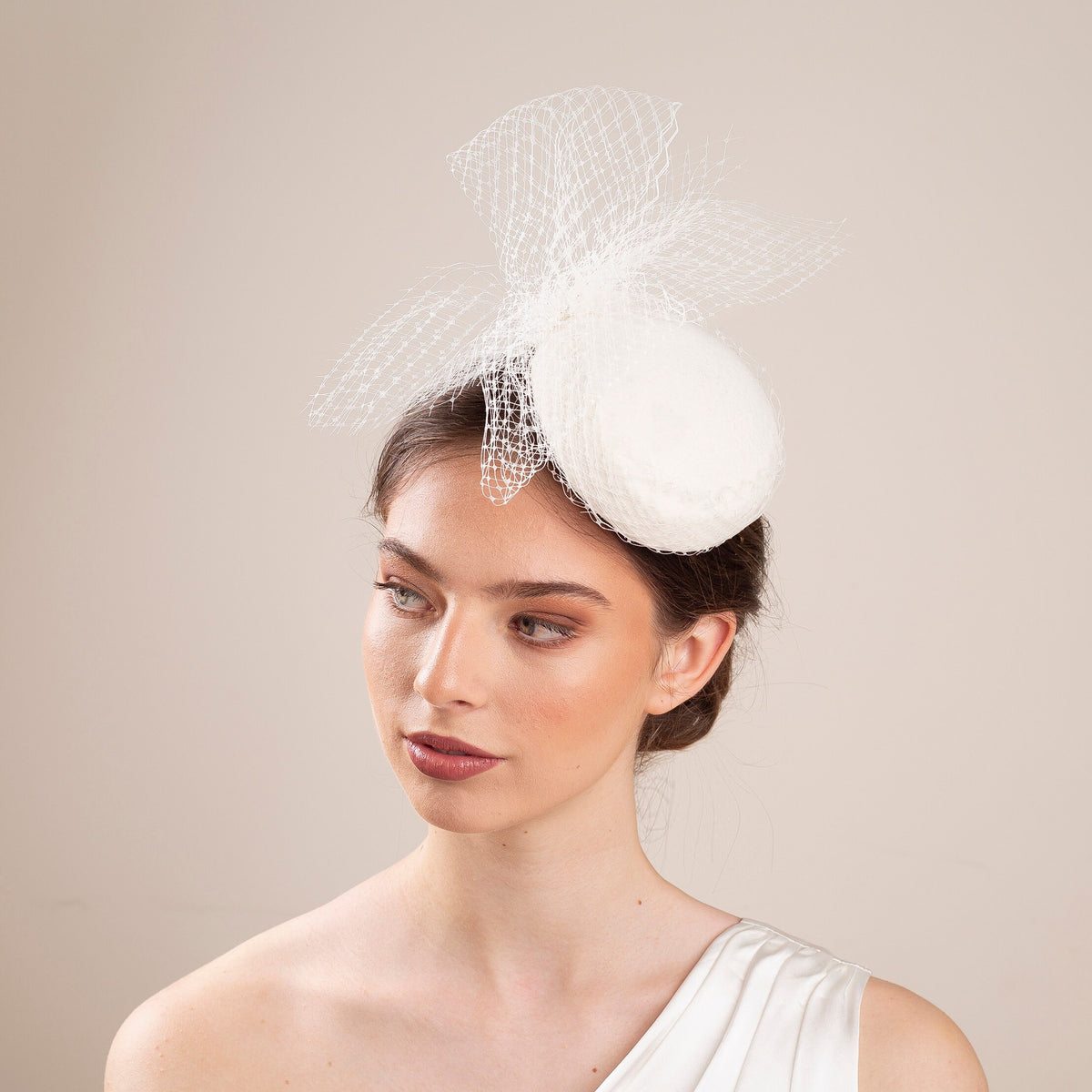 Bridal Veiled Pillbox Hat: Couture Felt Wedding Hat with Netting Bow