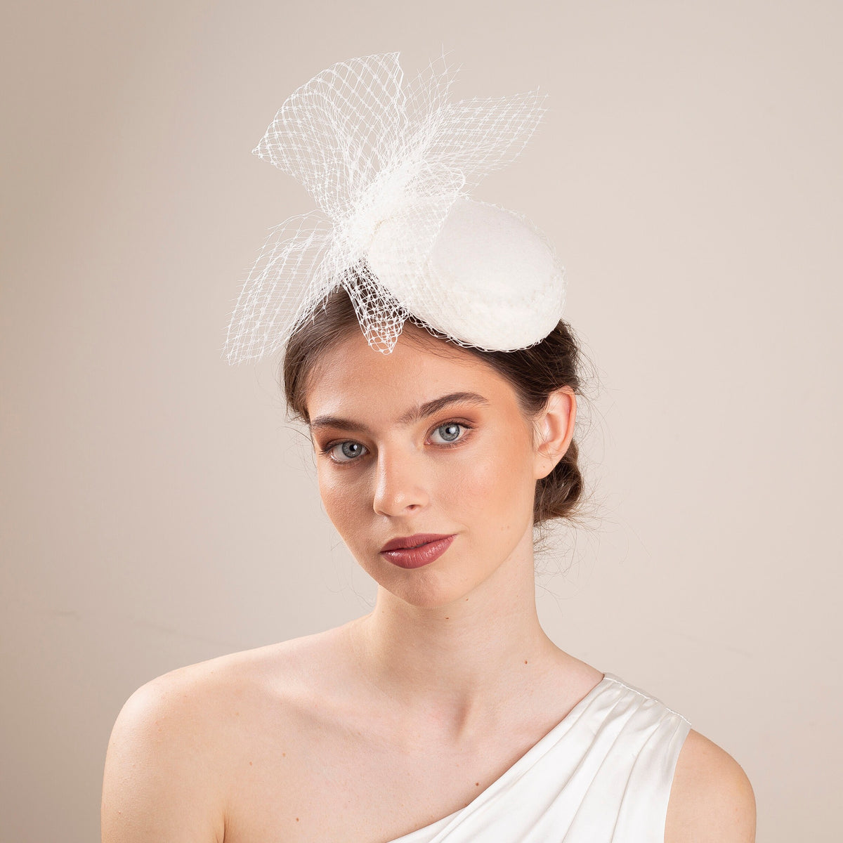 Bridal Veiled Pillbox Hat: Couture Felt Wedding Hat with Netting Bow