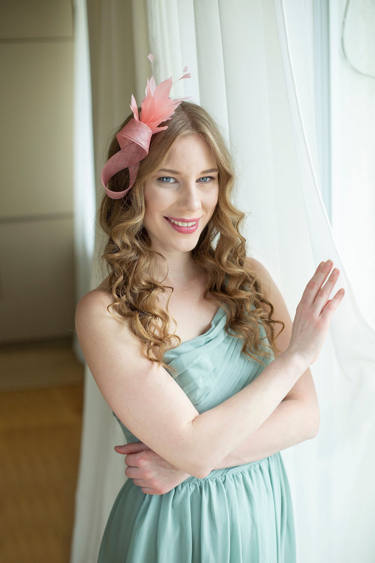 Dusky Pink Feather Fascinator: Wedding Guest Headpiece on a Clip