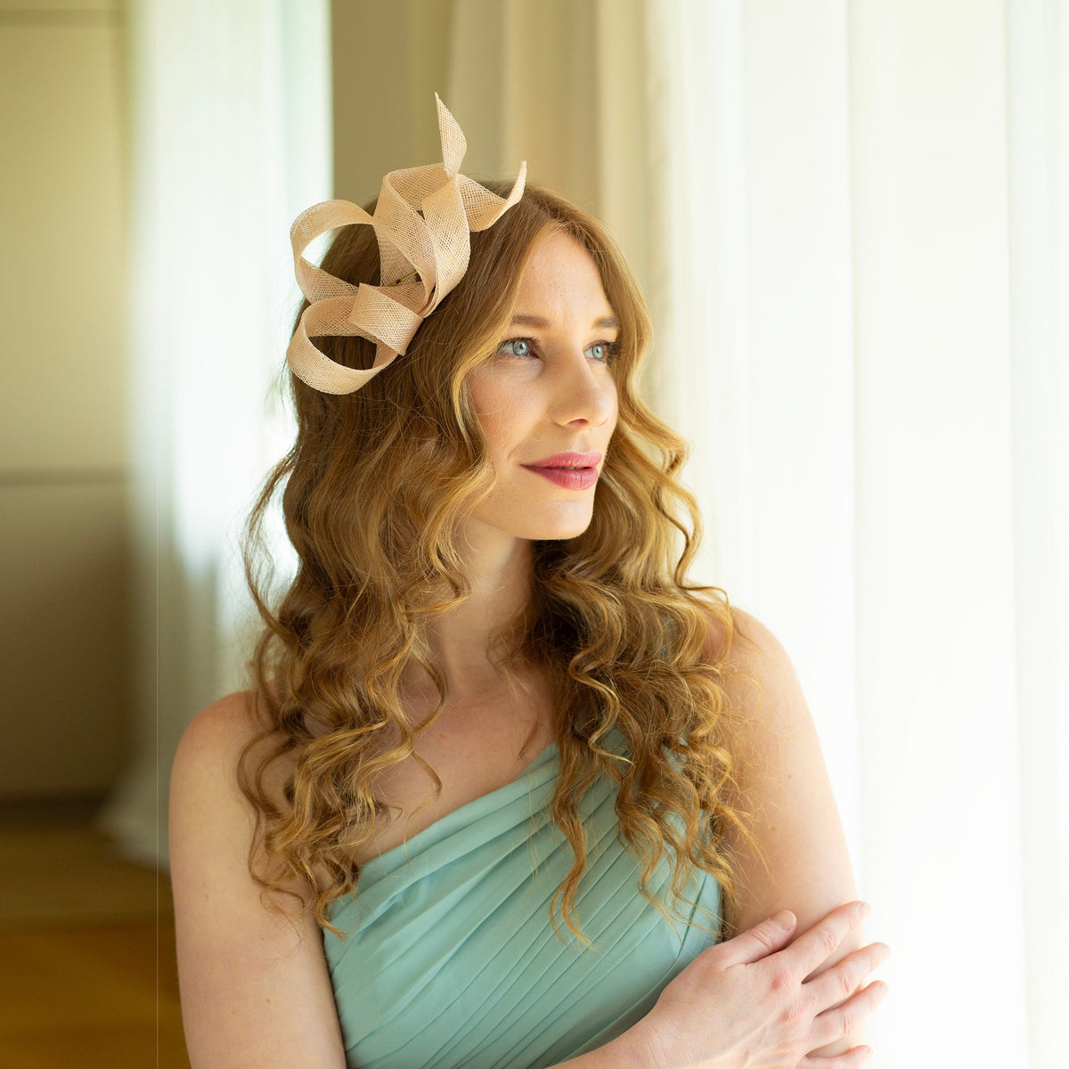 Powder Rose Sinamay Fascinator: Bridal Bow Headpiece