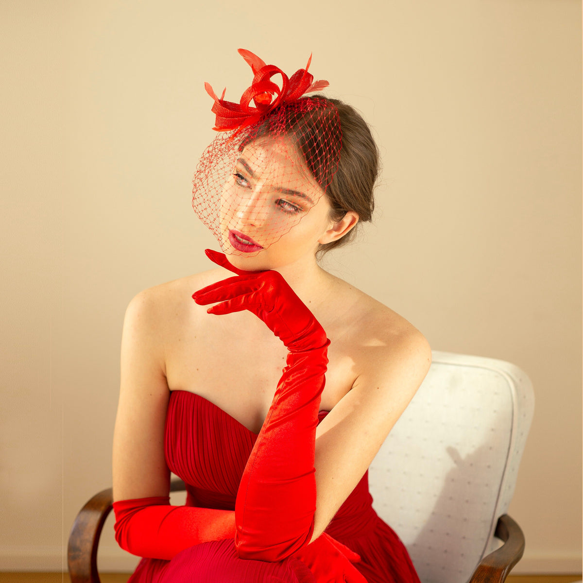 Poppy Red Feather Fascinator: Wedding Guest Birdcage Veil