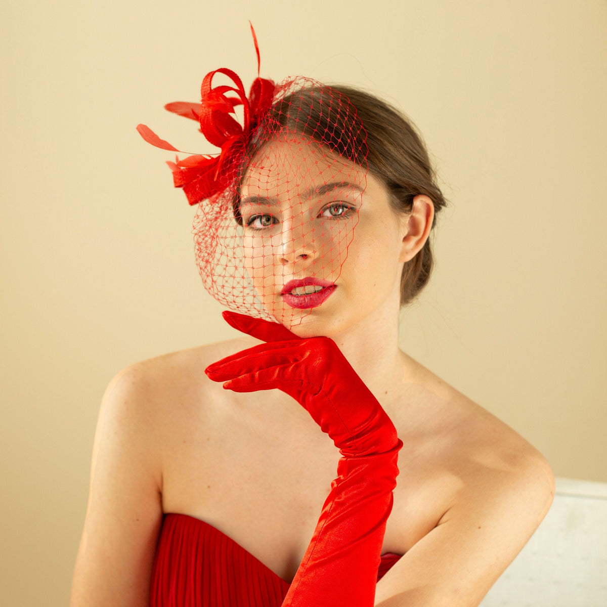 Poppy Red Feather Fascinator: Wedding Guest Birdcage Veil