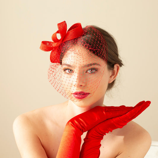 Poppy Red Fascinator: Detachable Birdcage Veil, Wedding Headpiece