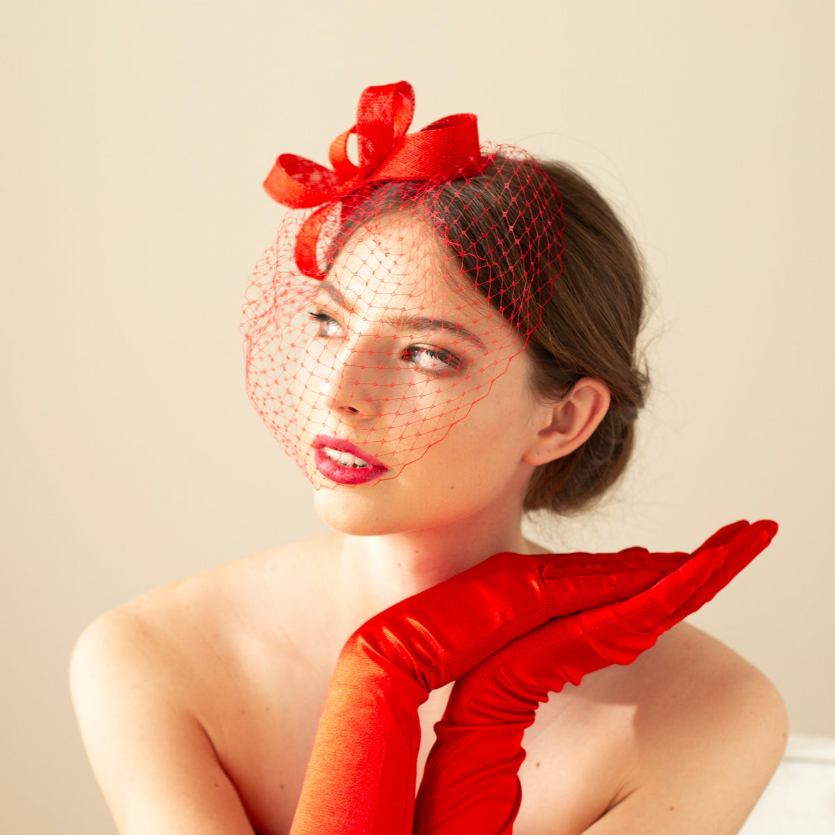 Poppy Red Fascinator: Detachable Birdcage Veil, Wedding Headpiece
