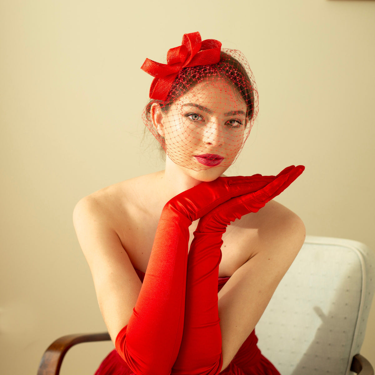 Poppy Red Fascinator: Detachable Birdcage Veil, Wedding Headpiece