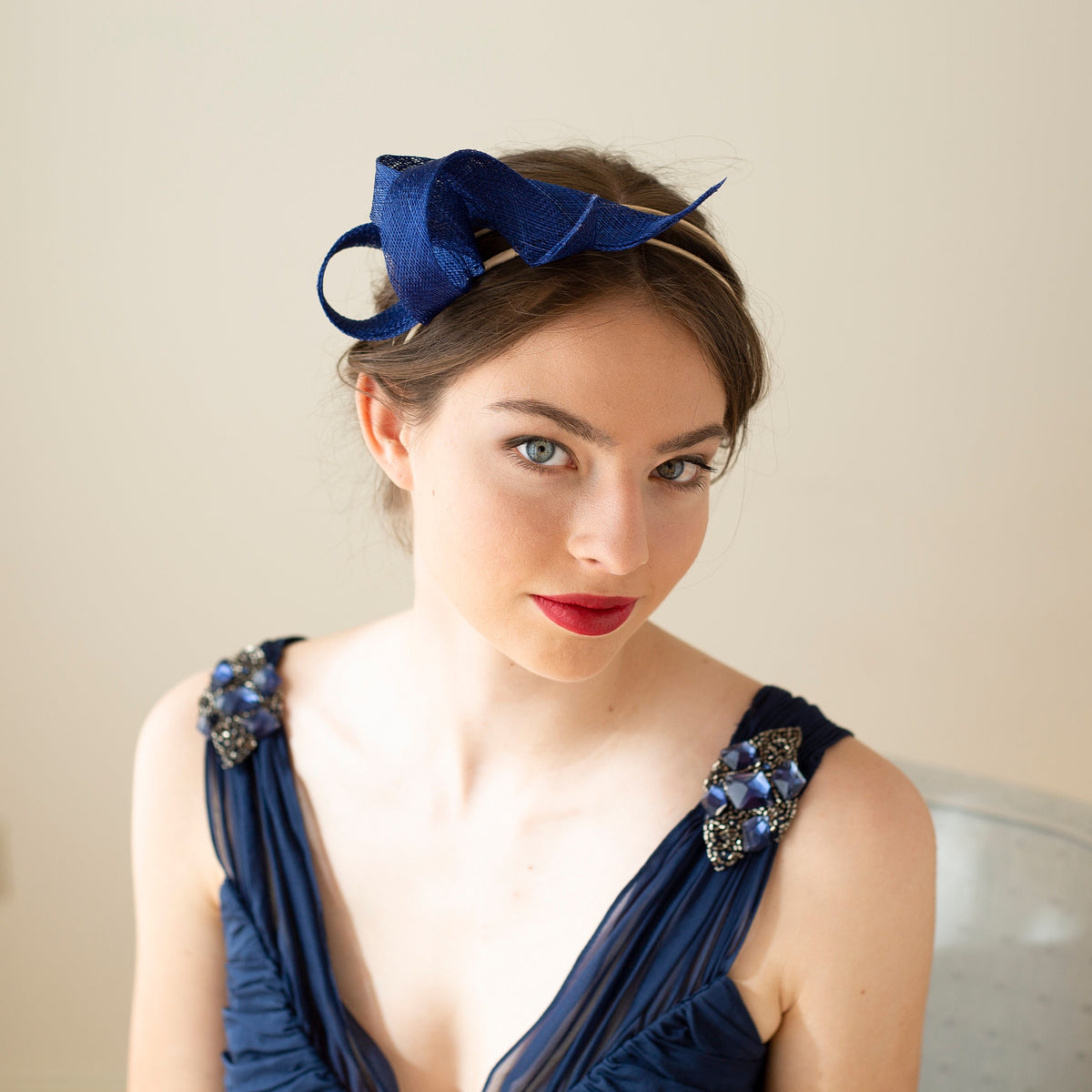 Wedding royal blue fascinator on double headband, wedding guest blue headpiece, women swirl fascinator, millinery sculptural fascinator