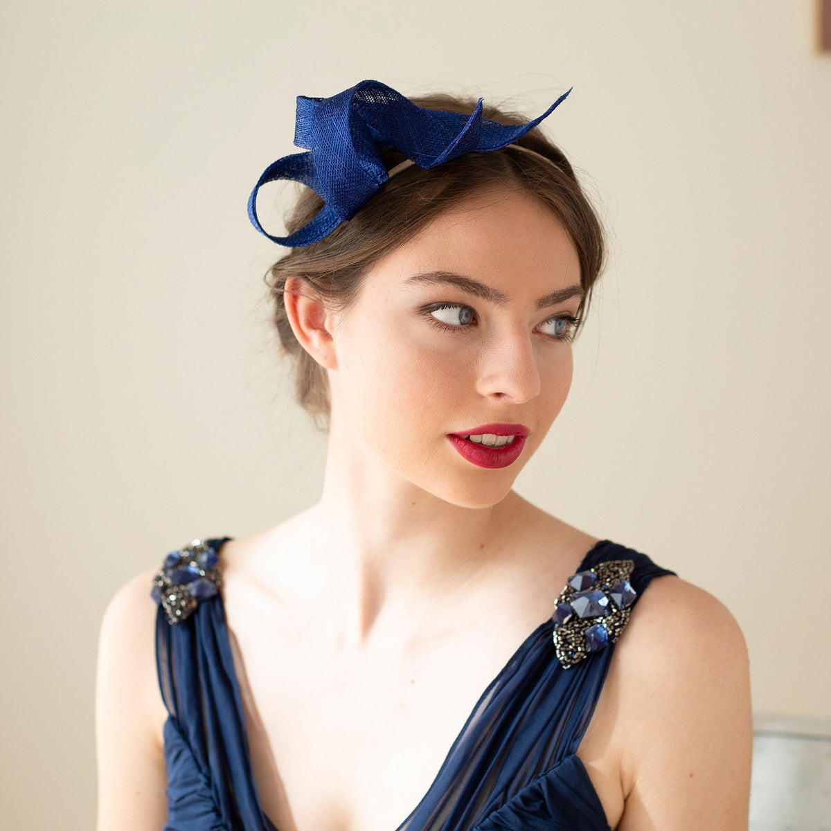 Wedding royal blue fascinator on double headband, wedding guest blue headpiece, women swirl fascinator, millinery sculptural fascinator