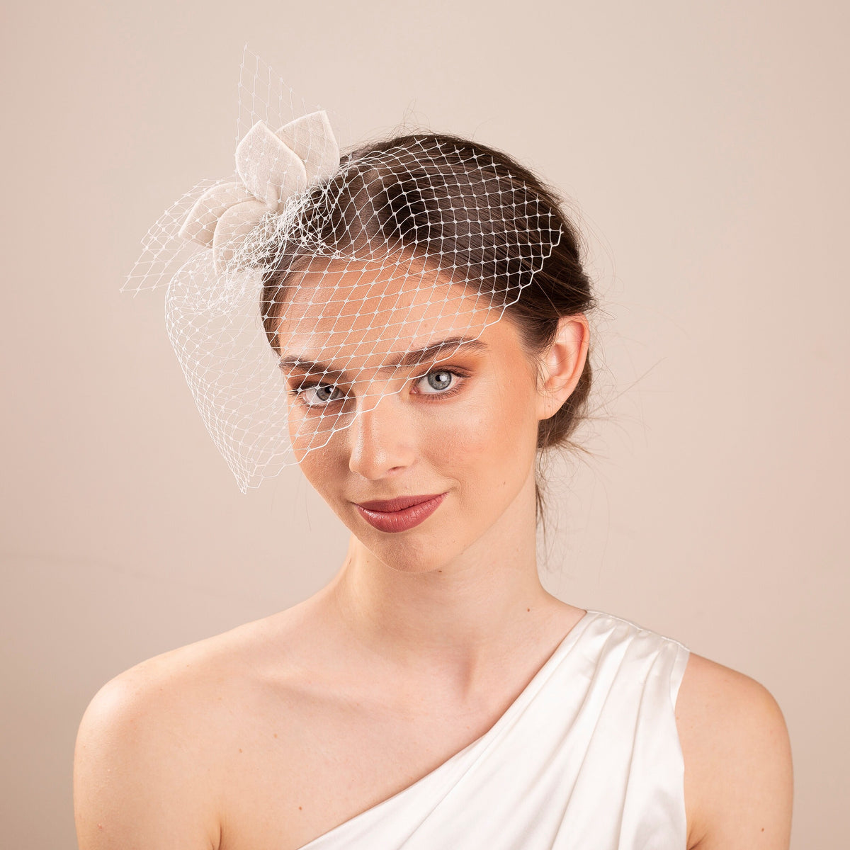 Ivory Felt Leaves Bridal Fascinator with Netting Birdcage Veil, Wedding Face Veil