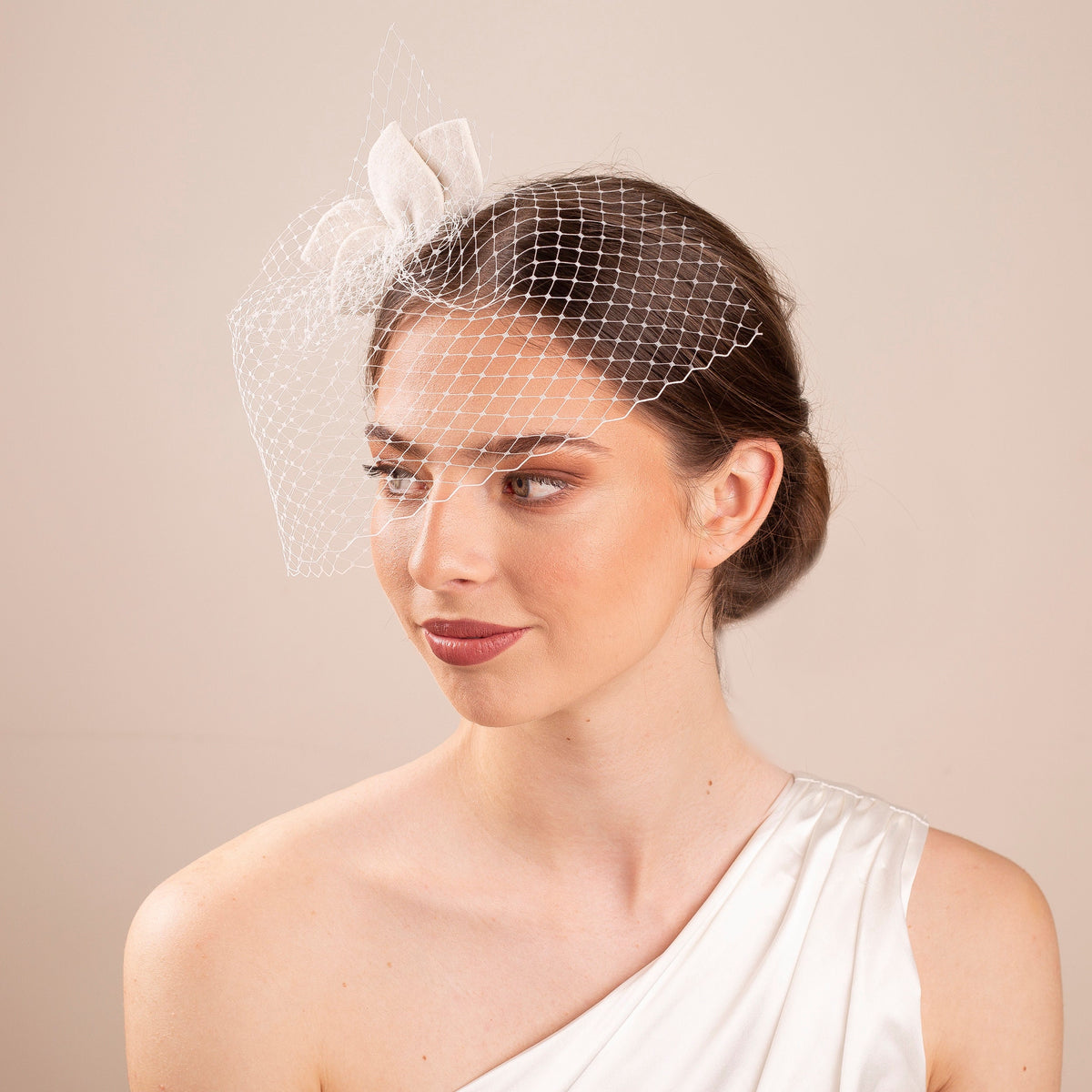 Ivory Felt Leaves Bridal Fascinator with Netting Birdcage Veil, Wedding Face Veil