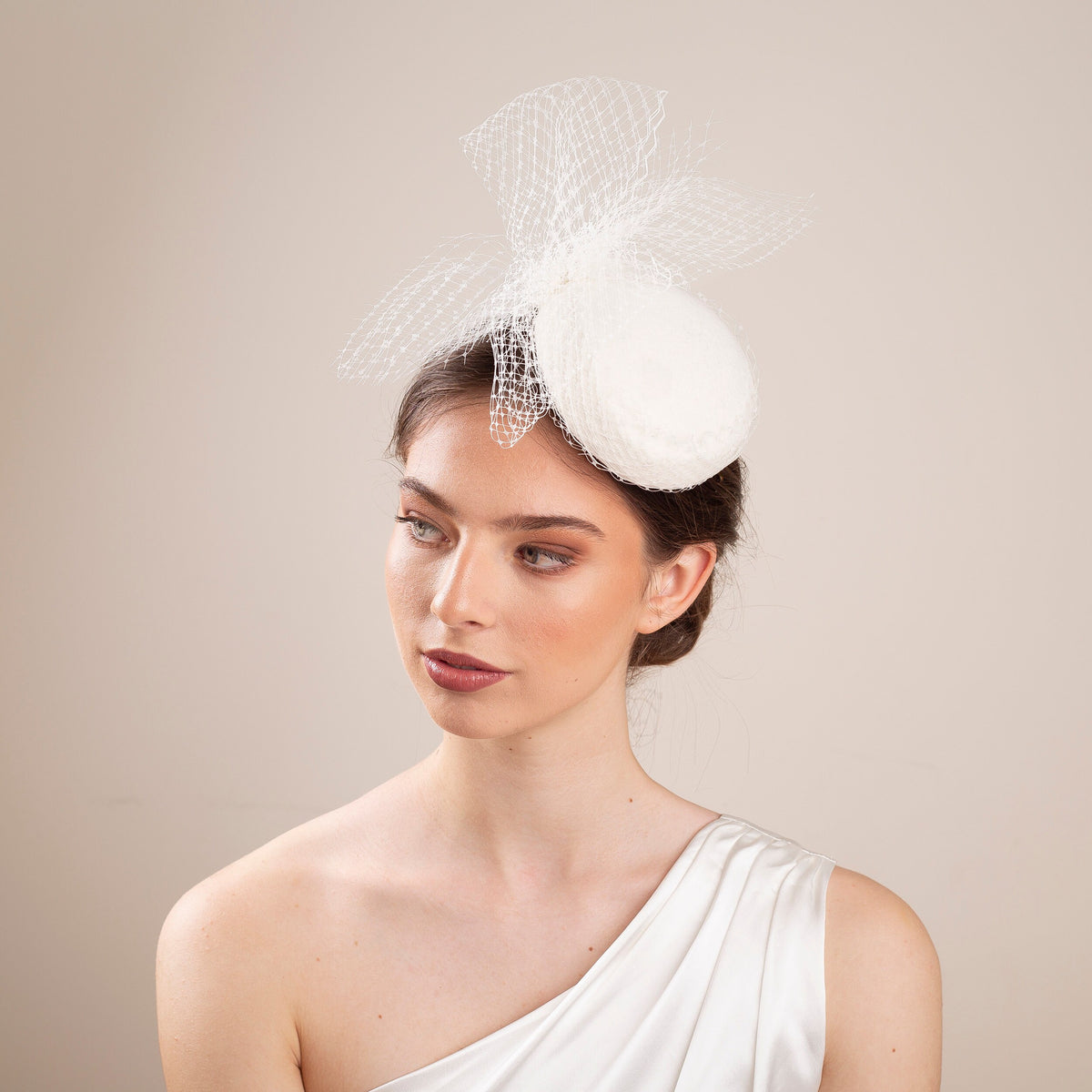 Bridal Veiled Pillbox Hat: Couture Felt Wedding Hat with Netting Bow
