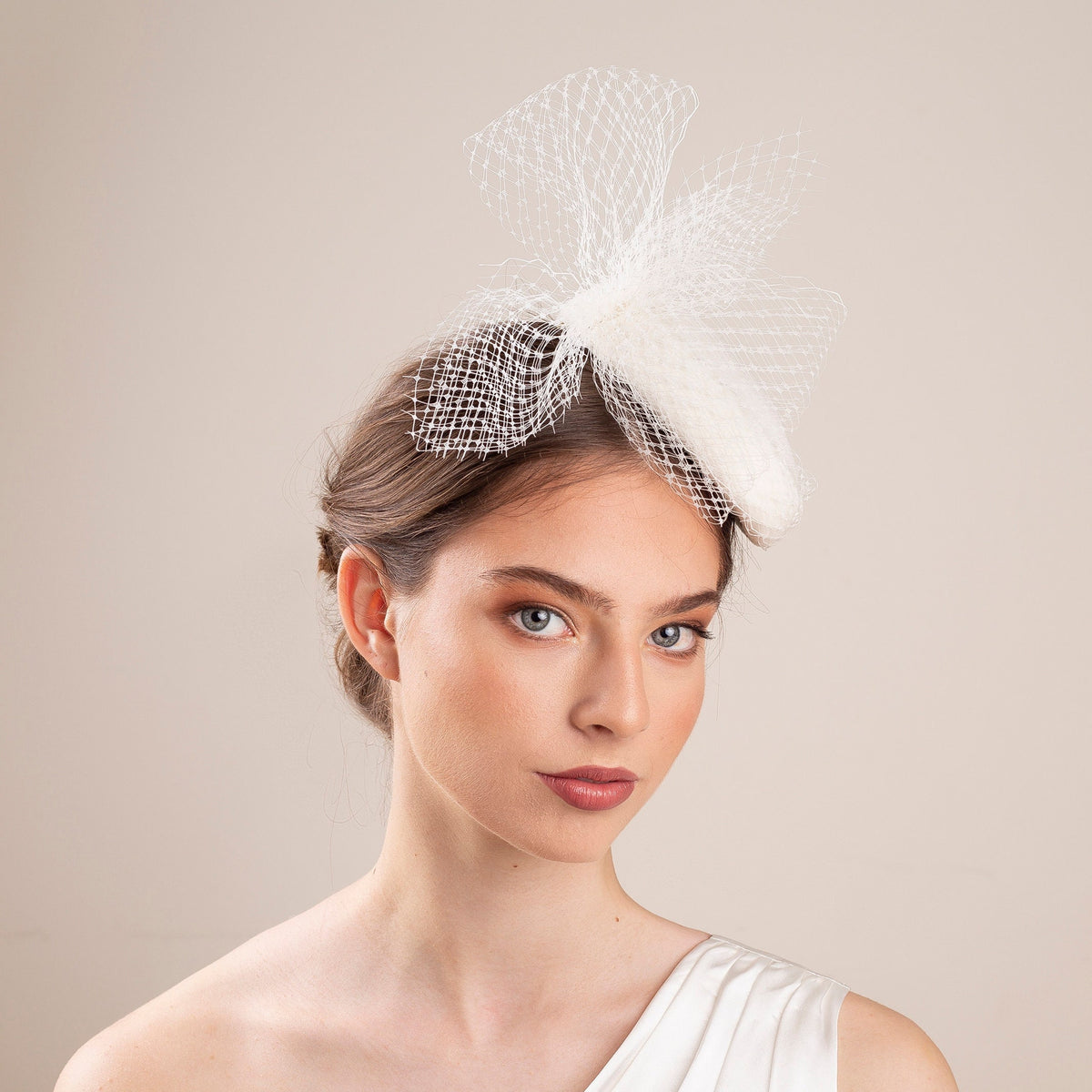 Bridal Veiled Pillbox Hat: Couture Felt Wedding Hat with Netting Bow
