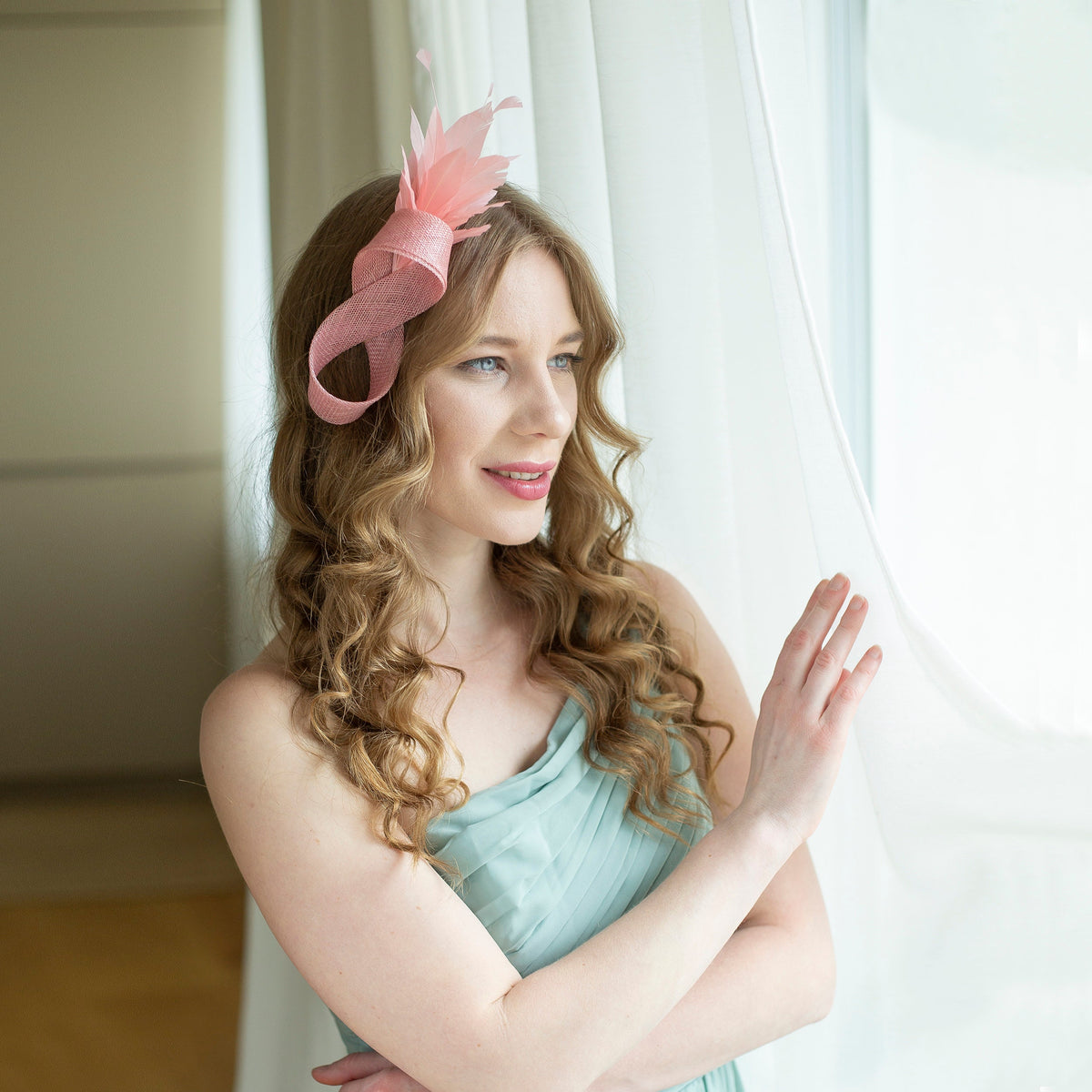 Dusky Pink Feather Fascinator: Wedding Guest Headpiece on a Clip