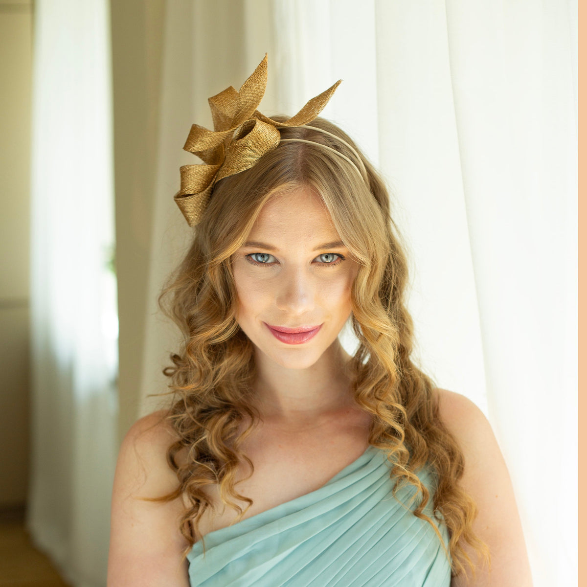 Gold Women Fascinator, Couture Millinery Headpiece on Double Headband