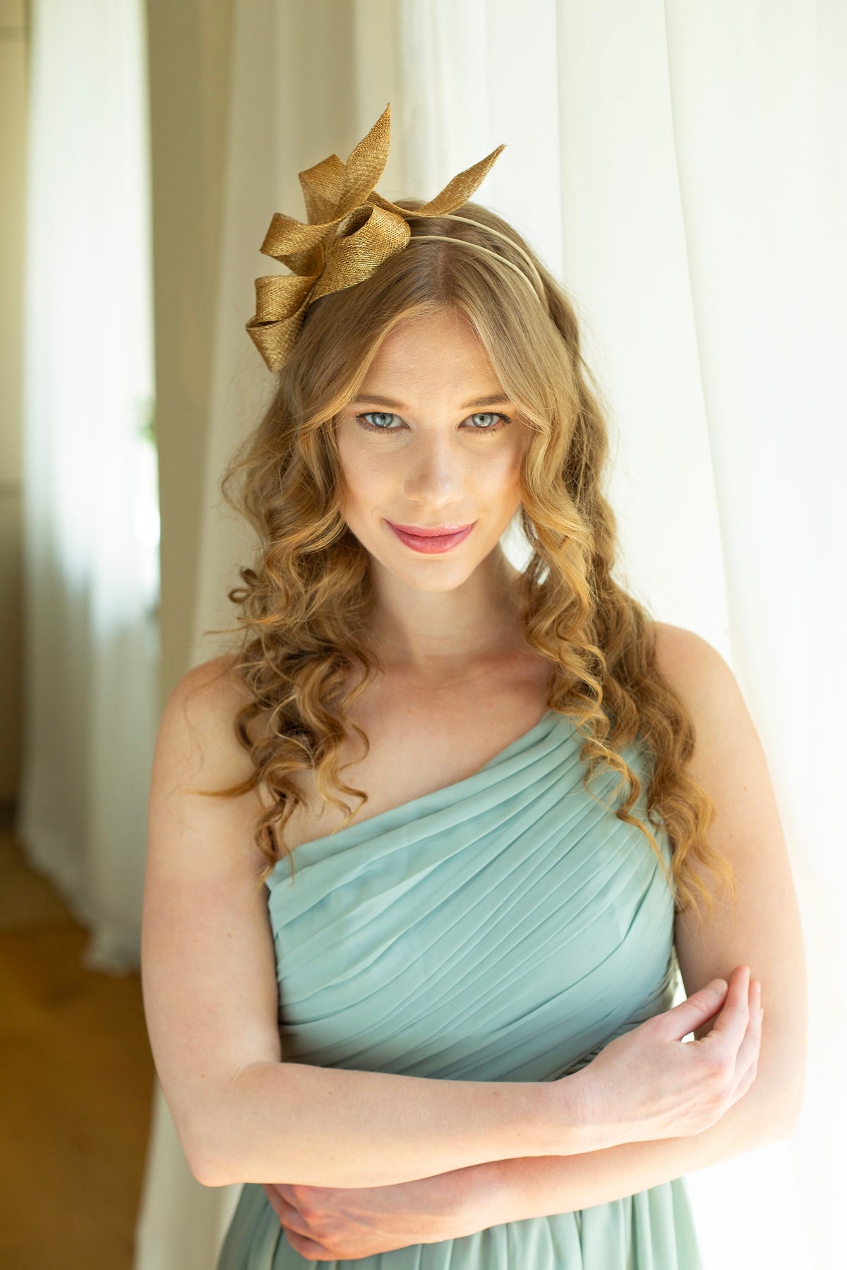 Gold Women Fascinator, Couture Millinery Headpiece on Double Headband