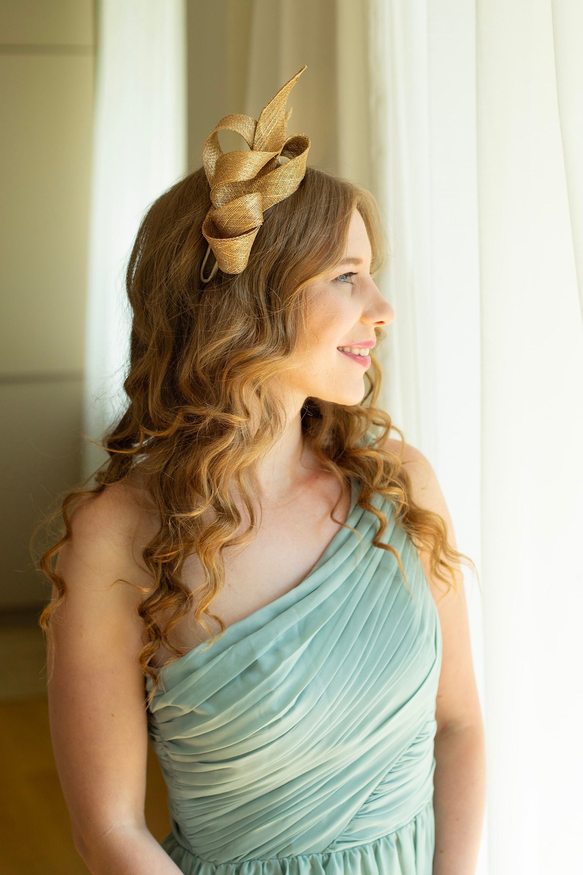 Gold Women Fascinator, Couture Millinery Headpiece on Double Headband