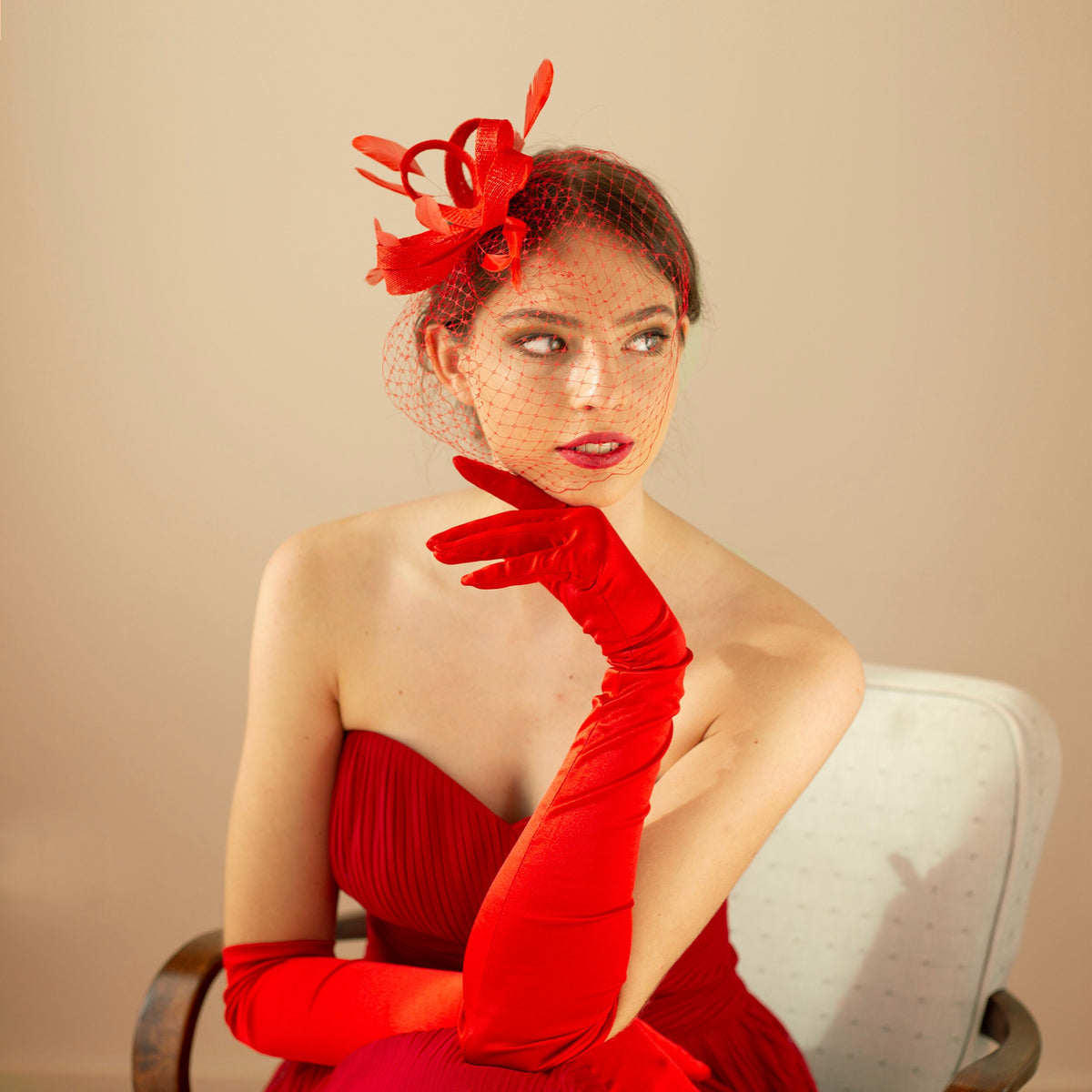 Poppy Red Feather Fascinator: Wedding Guest Birdcage Veil