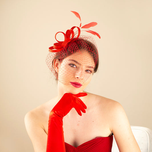 Red Wedding Birdcage Fascinator: Feather Veil Headpiece for Formal Events, Occasions