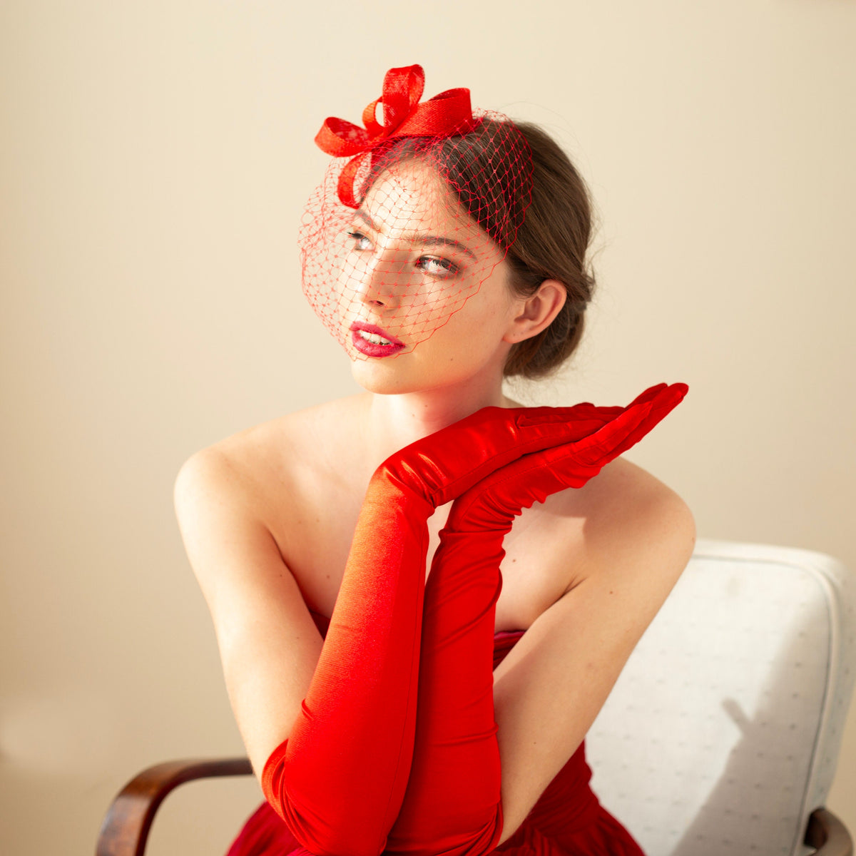 Poppy Red Fascinator: Detachable Birdcage Veil, Wedding Headpiece