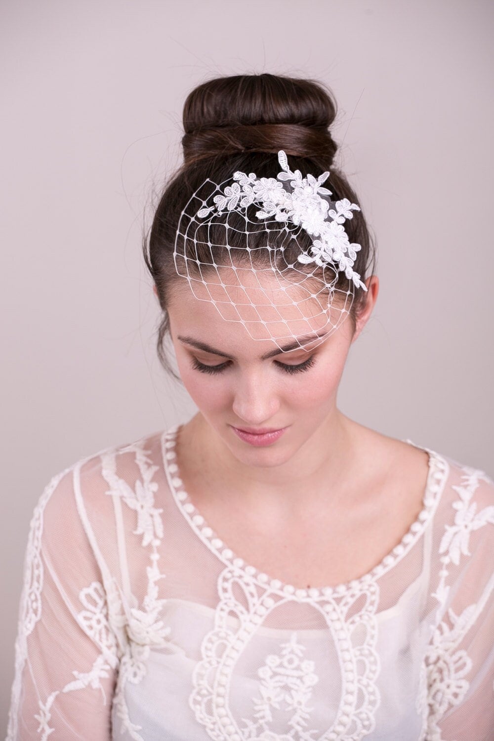 Ivory Lace Birdcage Veil: Petite Wedding Veil with Comb