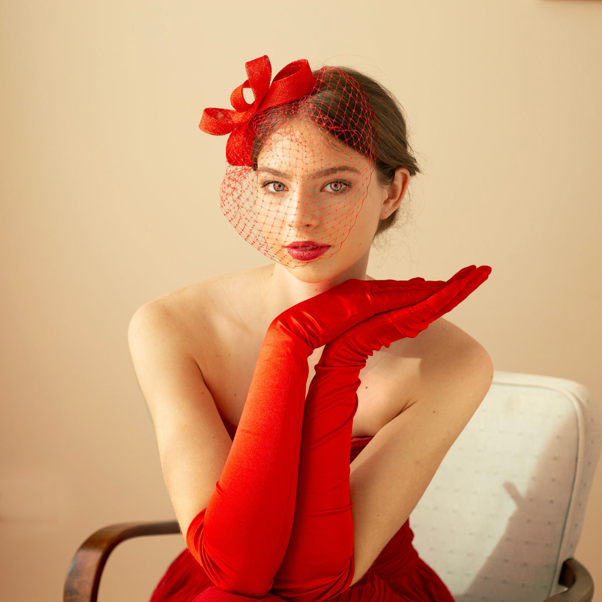 Poppy Red Fascinator: Detachable Birdcage Veil, Wedding Headpiece