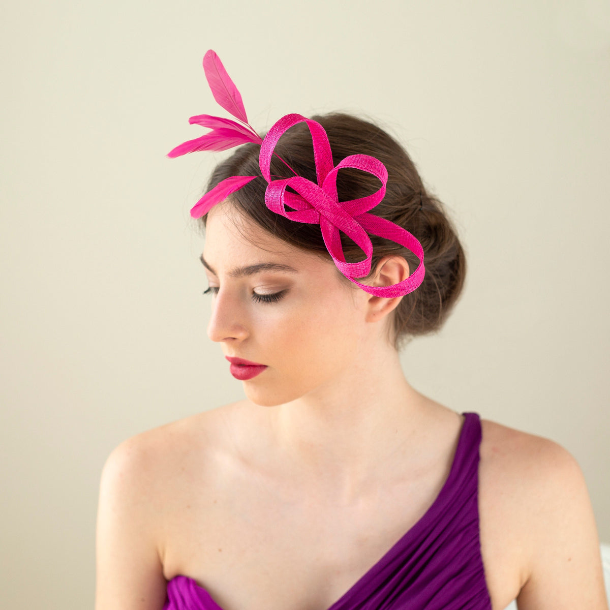 Bright Pink Bow Fascinator with feathers for Wedding Guests, Formal Event Headpiece