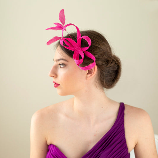 Bright Pink Bow Fascinator with feathers for Wedding Guests, Formal Event Headpiece