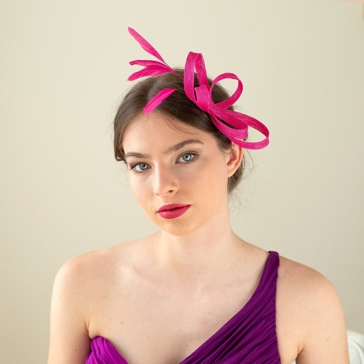 Bright Pink Bow Fascinator with feathers for Wedding Guests, Formal Event Headpiece