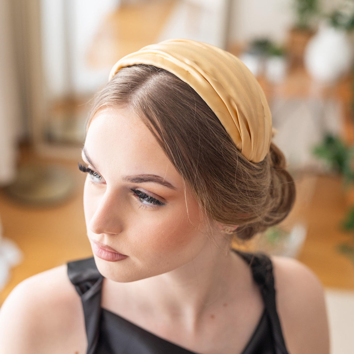 Golden Silk Satin Draped Headpiece: Vintage 1950s Style Half Hat