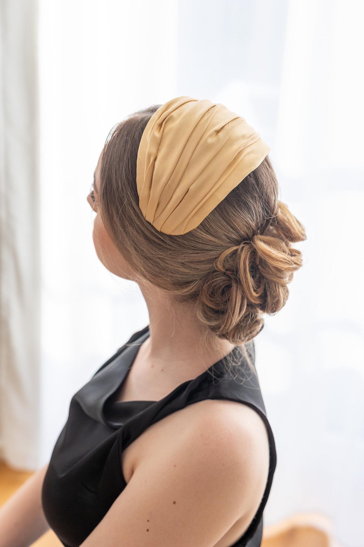 Golden Silk Satin Draped Headpiece: Vintage 1950s Style Half Hat