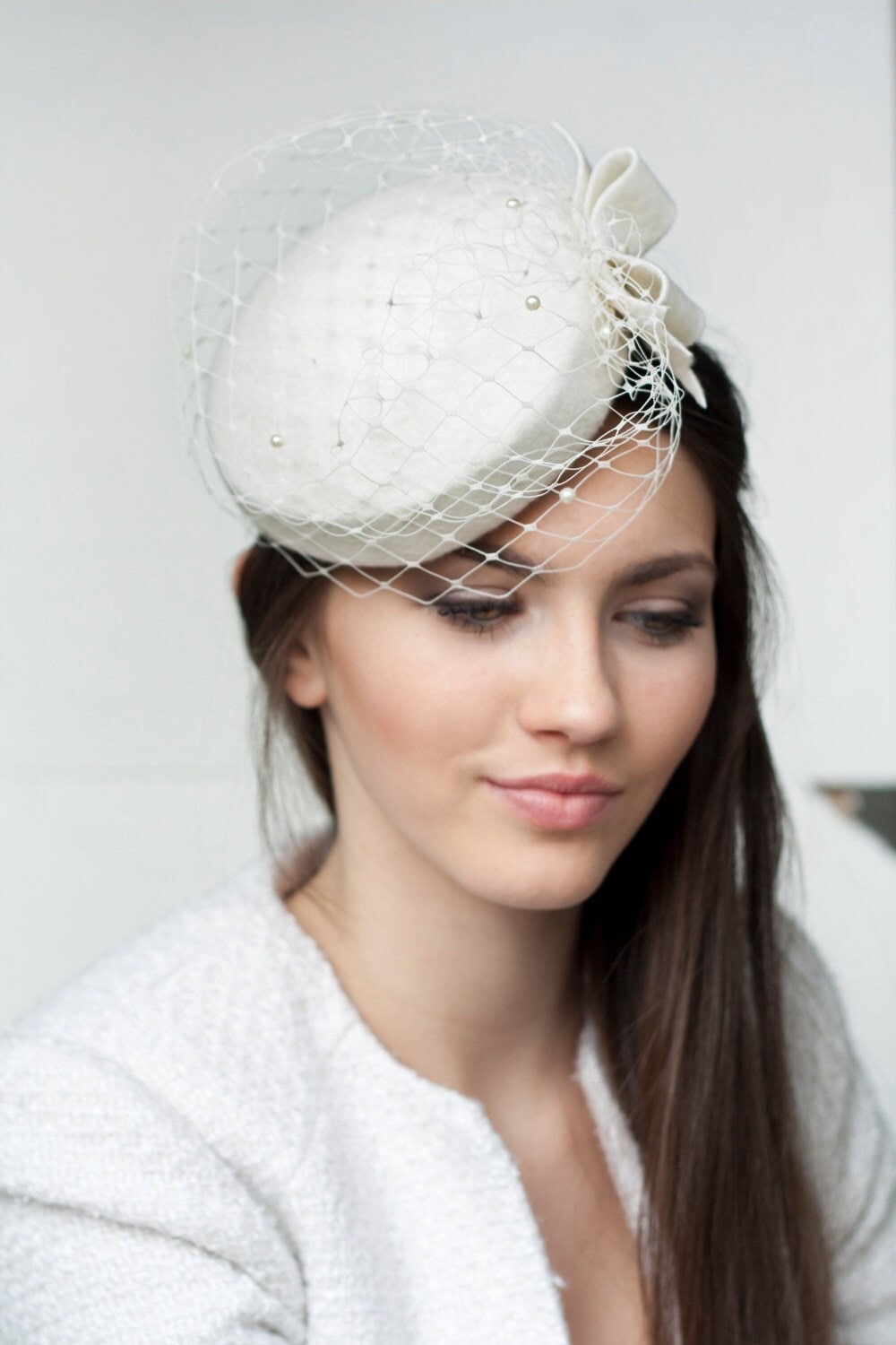 Bridal Pillbox Hat, Felt Winter Wedding Hat with Bow & Birdcage Veil