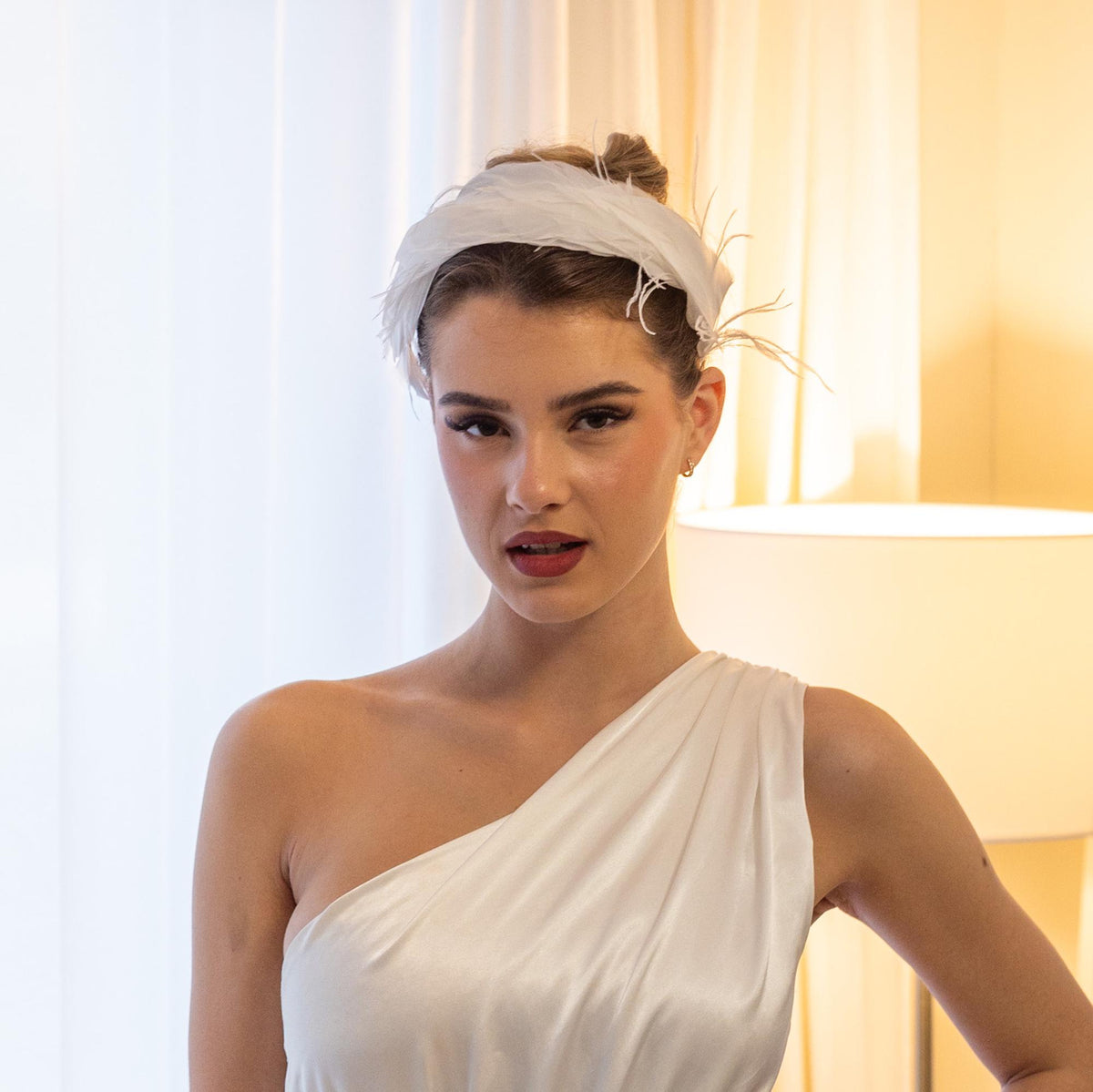 Bridal white feather crown headband, delicate wedding feather headpiece