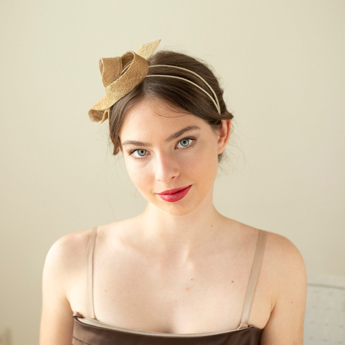 Golden Fascinator for Special Occasions – Modern Hat Design for Women, Minimalist Style on Double Headband