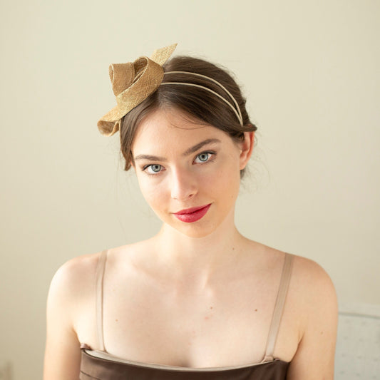 Golden Fascinator for Special Occasions – Modern Hat Design for Women, Minimalist Style on Double Headband