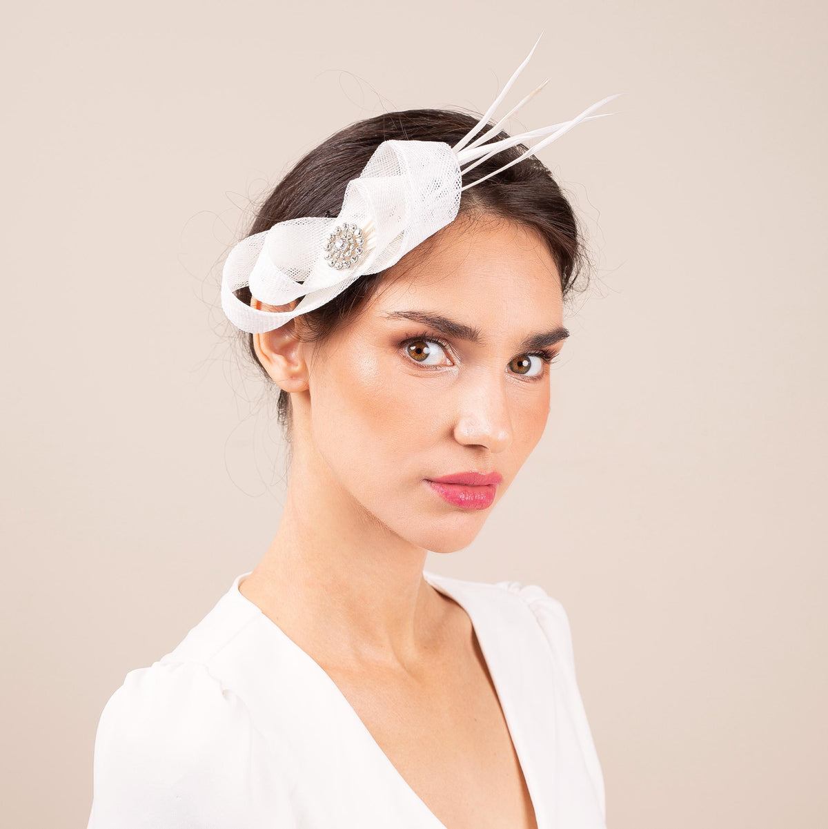 White Feather Bridal Fascinator: Rhinestone Wedding Headpiece